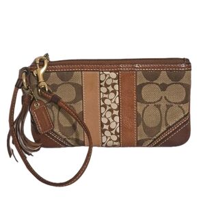 Coach Vintage Brown Tan Monogram Logo Patch Wristlet W Tassle Hang Tag EUC